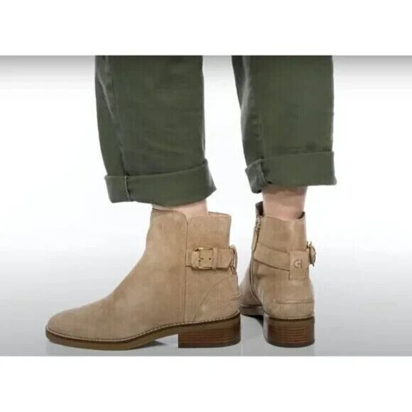 Cole Haan Tan Suede Hampshire Almond Toe Buckle Zip Ankle Boots Size 8.5B NWOB - Picture 3 of 14